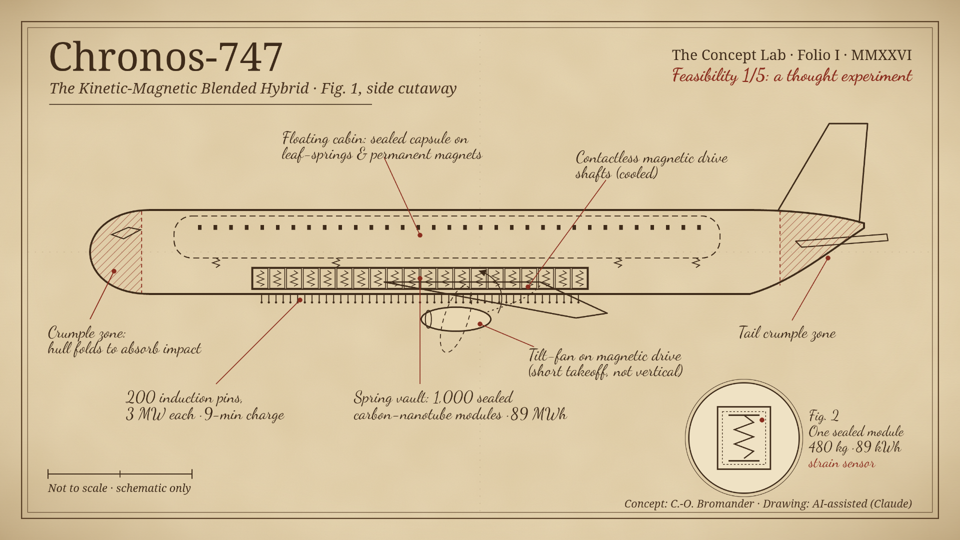Parchment-style side cutaway schematic of the Chronos-747 concept aircraft, showing labelled parts including nose and tail crumple zones, underside induction pins, a floating cabin, a spring vault, a tilt-fan on a magnetic drive, contactless magnetic drive shafts, and an inset diagram of a sealed module.